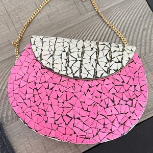 Ramla Pink Mosaic Clutch with Gold Chain